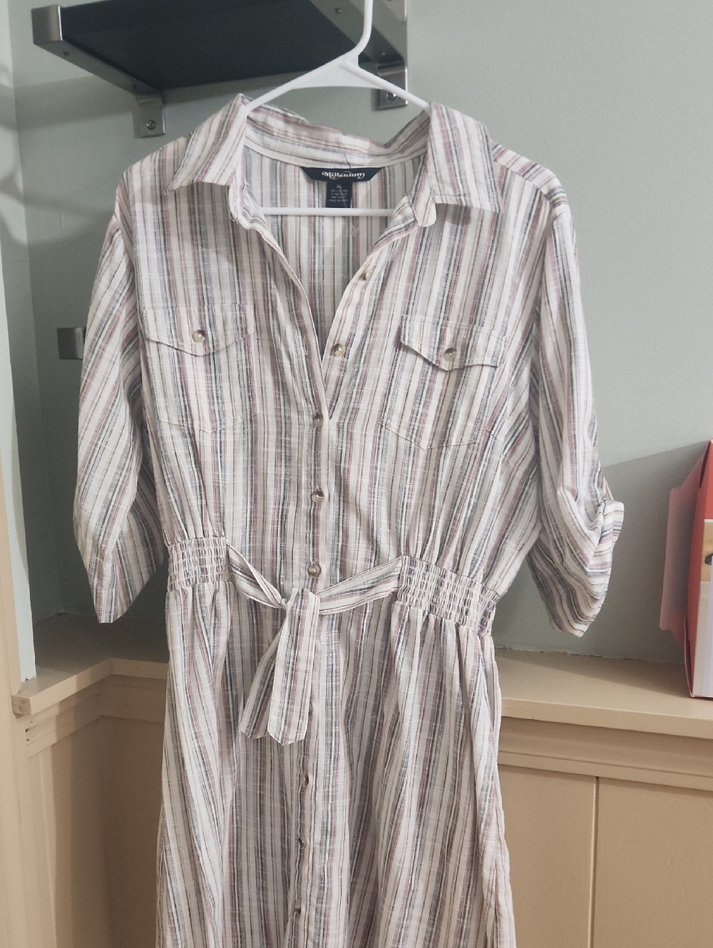 Millenium  Cream and Brown Striped Midi Shirt Dress Xl